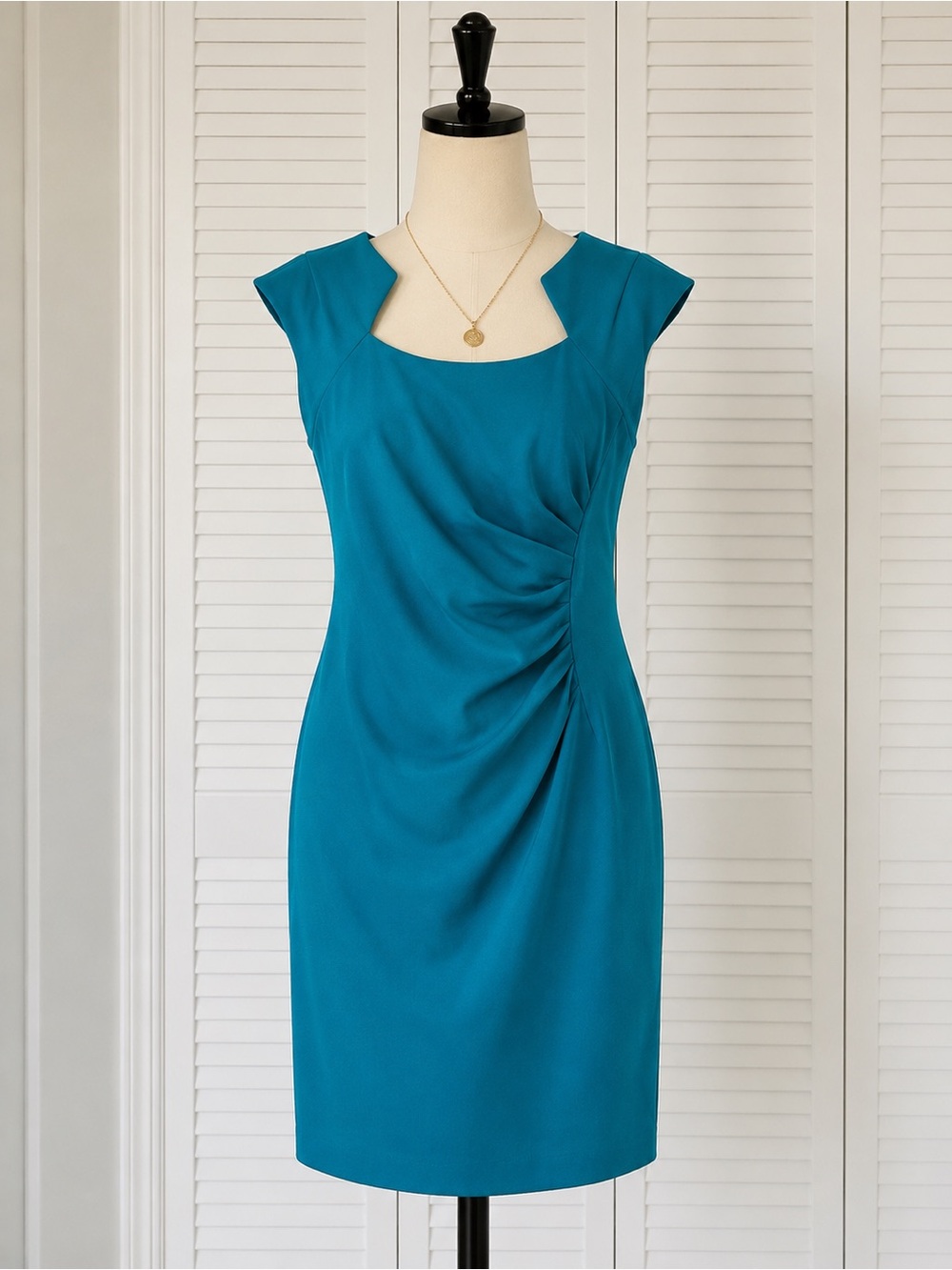 Calvin Klein Teal Sheath Dress Size 12 Ruched Front Career Cocktail Elegant